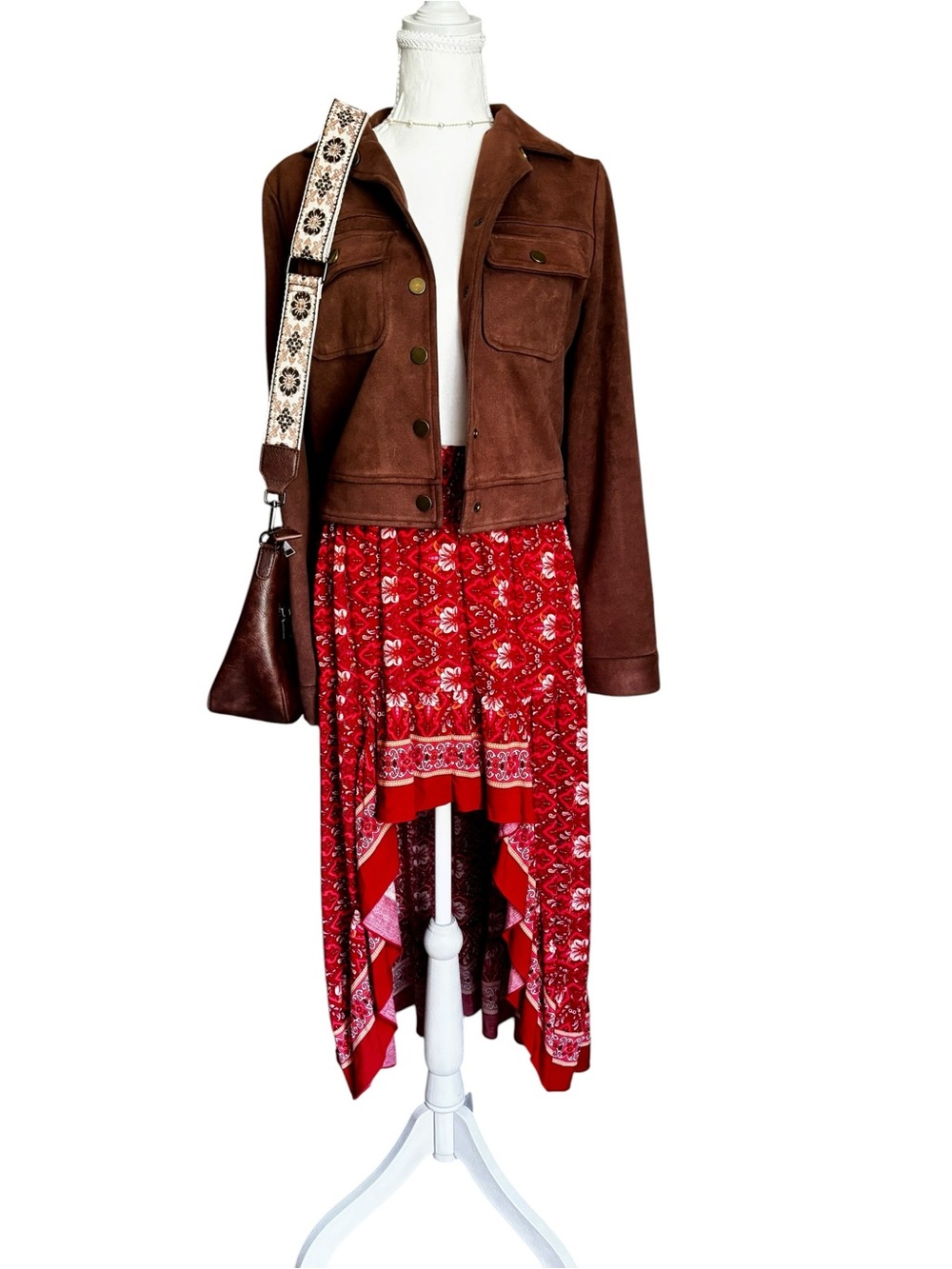 Red Floral Maxi Skirt with High-Low Hem